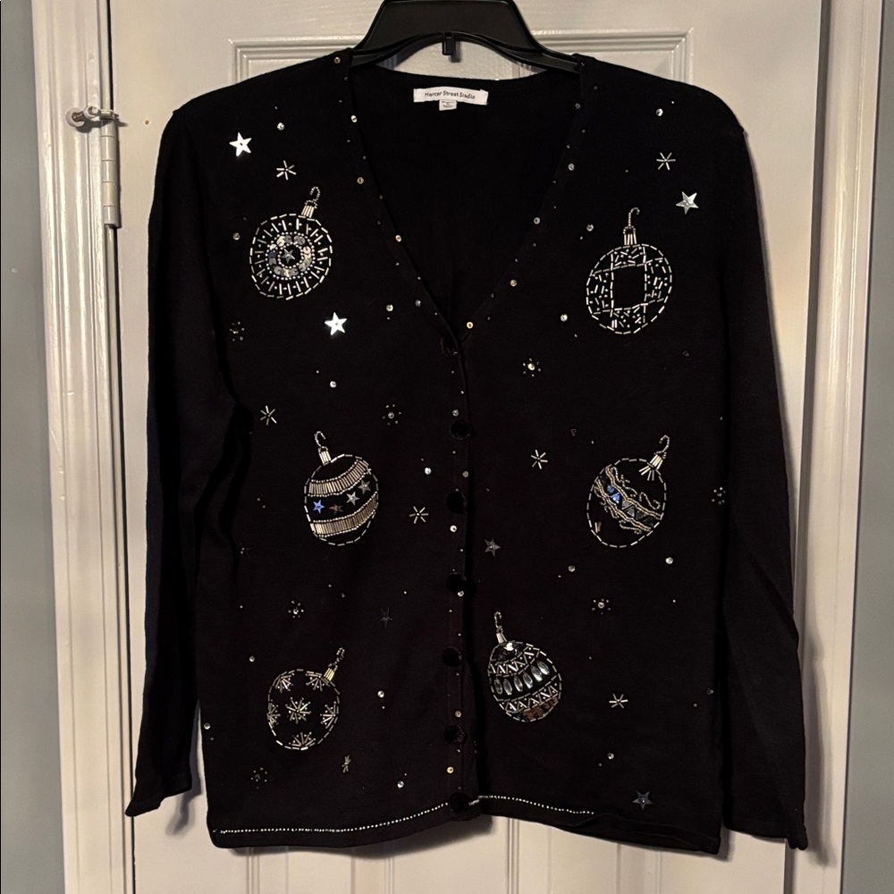 Mercer Street Studio Black Christmas Holiday Cardigan with Silver Ornaments